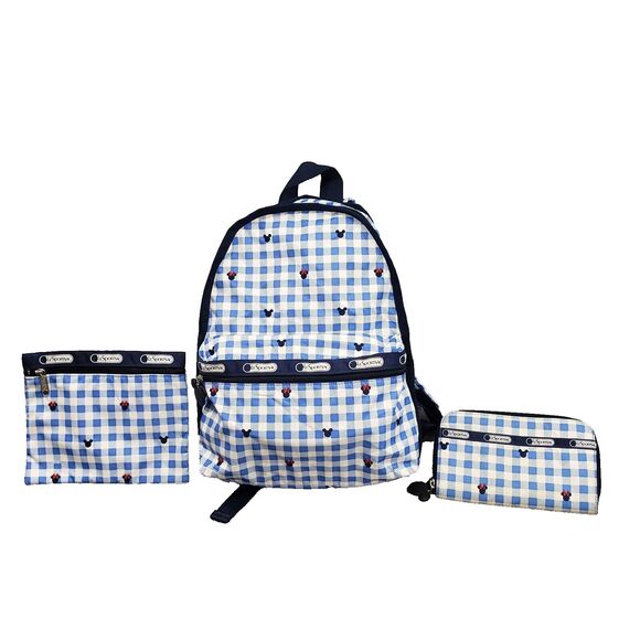 LeSportSac Disney Backpack Set Mickey Minnie Blue Gingham Plaid Wallet Pouch